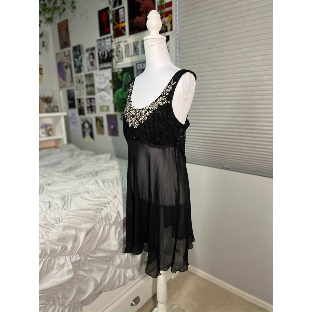 Linea Donatella Black Lace Sheer Chemise Lingerie M Beaded‎ Floral Appliqué - Picture 2 of 9
